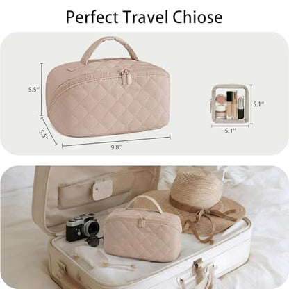 Travel Makeup Bag for Women,Large Capacity Waterproof Makeup Organizer, Open Flat Toiletry Bag for Toiletries(Light Brown)