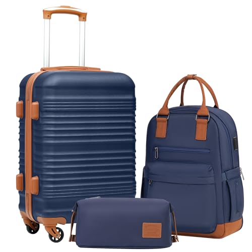 Coolife Luggage 3 Piece Set, Carry-On Hardside Suitcase, Travel Backpack - color: Navy, size: 3 piece set (BP/TB/20)