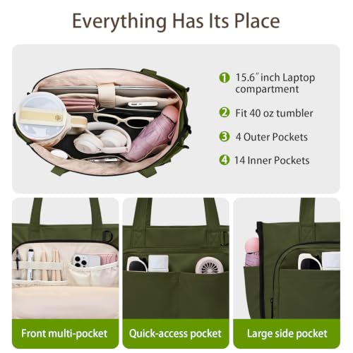 oscaurt Work Tote Bag for Women, 18 Pocket Laptop Tote, 15.6" Compartment - color: Army Green