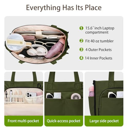 oscaurt Work Tote Bag for Women, 18 Pocket Laptop Tote, 15.6" Compartment - color: Army Green