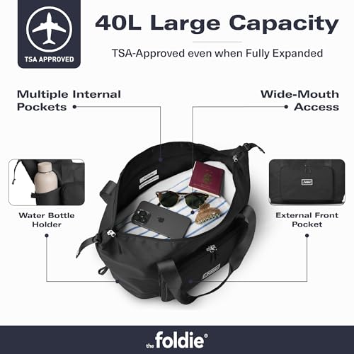 The Foldie Foldable Travel Bag for Women - 40L Weekender Bag with Multiple Pockets - Carry On Expendable Travel Bag - color: Black