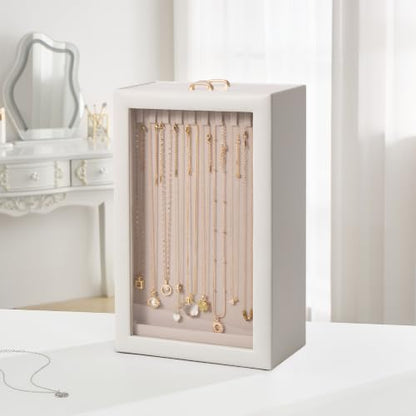 Lolalet Necklace Organizer Box, Jewelry Display Case, White, 4 Layers - color: White, size: 4 Layers, 40 Hooks
