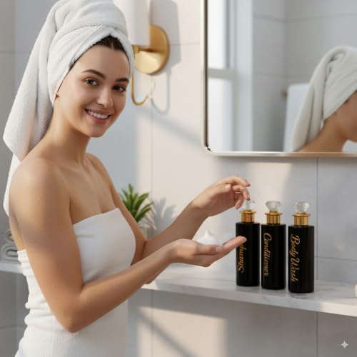 Shampoo and Conditioner Dispenser - Essentials Toiletry Bottles - Shower Refillable Shampoo and Body Wash Soap Pump Bottle – 3X 3oz TSA-Approved Travel Size Containers - Black Crytsal Round - color: Black Crystal Round, size: Small