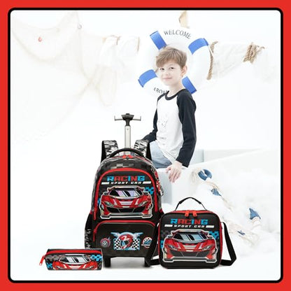 Meetbelify Kids Rolling Backpack with Wheels for Elementary Preschool Students Boys Travel Luggage Carry on Backpack for Boys Ages 6-8 - color: 02 Car