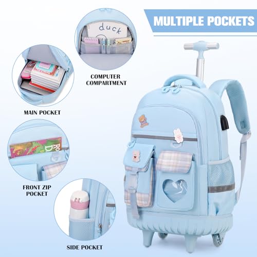 ACESAK 3PCS Rolling Backpack for Girls Children, Girls Backpack with Wheels - color: Blue
