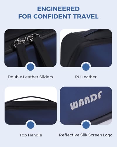 WANDF PU Leather Toiletry Bag for Men, Dopp Kit with Hanging Pouch - color: Medium Plus, Navy Blue, size: Medium Plus