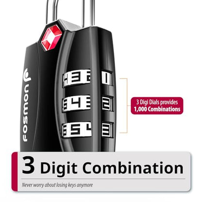 Fosmon TSA Approved Luggage Locks, 3 Digit Combination Padlock, 1 Pack - color: 3 Digit Black 1 Pack