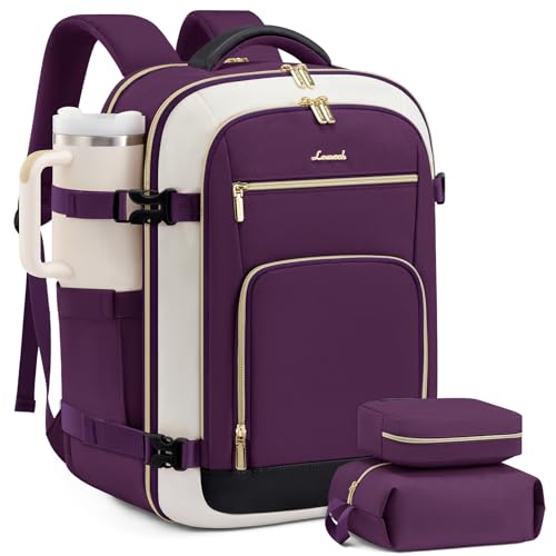LOVEVOOK Carry On Travel Backpack For Women Flight Approved, 50L Personal Item Backpack Flight Approved, TSA Travel Bag Fit 18 Inch Laptop, Business Weekender Overnight Waterproof Daypack with 3 Cubes - color: Dark Purple-beige-black, size: 50l-18 Inch-4p