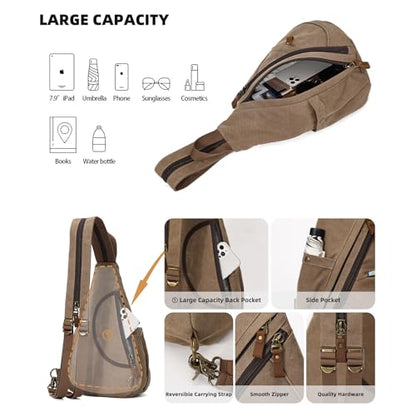 KL928 Canvas Sling Bag - Small Crossbody Backpack Shoulder Casual Daypack Rucksack for Men Women(Large Version,Brown) - color: Canvas-brown