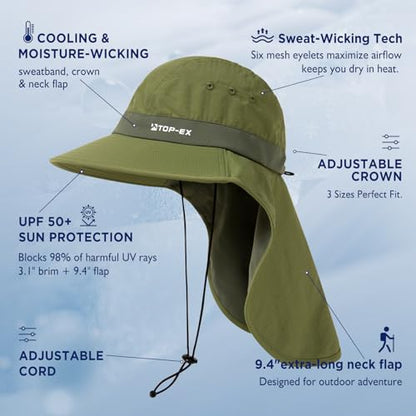 TOP-EX UPF 50+ Cooling Wide Brim Sun Hat for Men with Neck Flap, Packable - color: Bronze Green, size: Medium