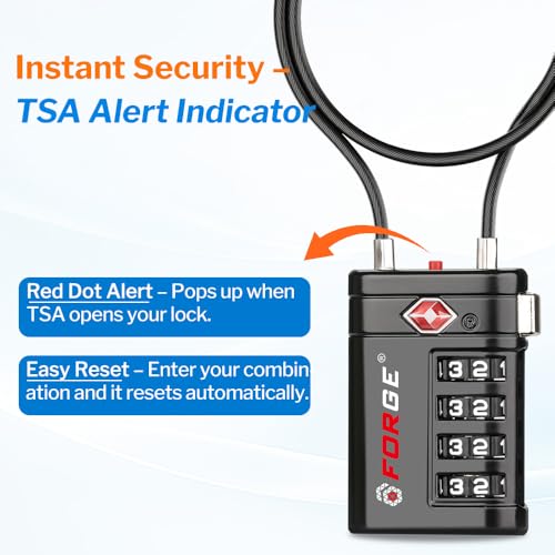 Forge Open Alert TSA Approved Luggage Locks, 2 15'' Cable Lock - color: Black Long 2 PK