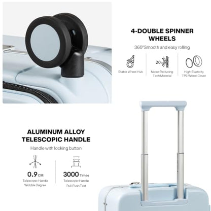 mixi Carry On Luggage, 18” Suitcase with Front Pocket, Travel Luggage Aluminum Frame PC Hardside with Spinner Wheels & TSA Lock and Cover (Not for Underseat), Glacier Blue - color: Glacier Blue, size: 18-inch