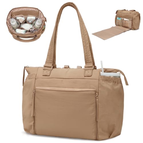MOMINSIDE Diaper Bag Tote with Changing Station Convertible Diaper Bag Backpack Tote pañaleras para bebe Large Baby Bag, Hospital Bag Mommy Bag Travel Diaper Bag for Mom, 16 Pockets, Light Brown - color: Light Brown