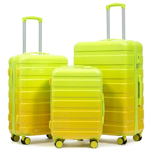 3-Piece Luggage Set 20/24/28’’ Hard-shell with 360° Spinner Wheels, Gradient Color Suitcase with Combination Lock, Lightweight PC Material, (Green+ Yellow) - color: Green-Yellow Gradient, size: 3-Piece Set(20''&24''&28'')
