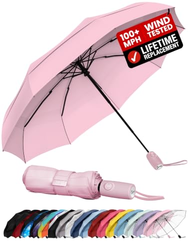 Windproof Travel Umbrella - Compact & Withstands Winds up to 100MPH, Strongest Premium Auto Folding Umbrella for Rain and Sun - Durable, Light & Portable for Women & Men, Fits Backpack & Cars - color: Pastel Pink 1-Pack