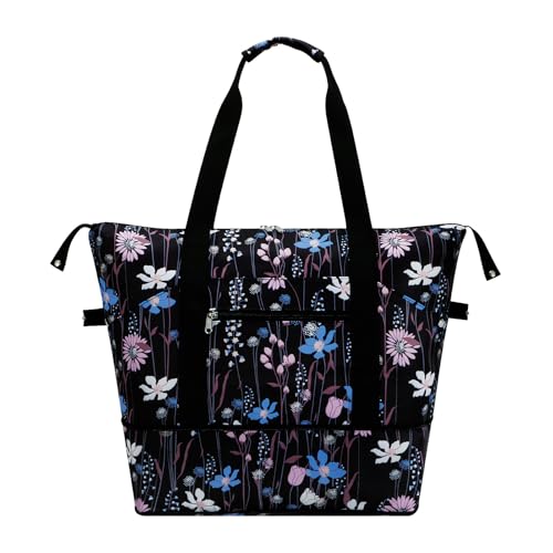 Expandable Duffel Bag for Women with Trolley Sleeve/Wet Pocket Weekender Travel Tote Large Carry On Overnight Luggage - color: Dreamy Flower