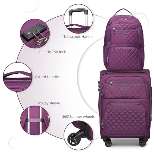 LARVENDER Softside Carry On Luggage 4 Piece, Expandable Carry On Luggage 22x14x9 Airline Approved Underseat Suitcase with Spinner Wheels TSA Lock, Purple (16/20/BP/TB) - color: Purple