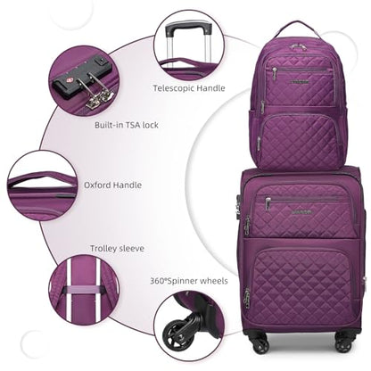 LARVENDER Softside Carry On Luggage 4 Piece, Expandable Carry On Luggage 22x14x9 Airline Approved Underseat Suitcase with Spinner Wheels TSA Lock, Purple (16/20/BP/TB) - color: Purple