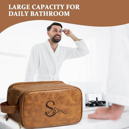 Travel Toiletry Bag For Mens PU Leather Engraved Initials (Yellow Brown D) - color: Brown, style: D