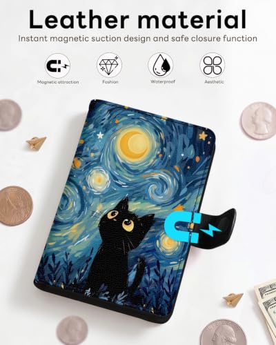 RFID Passport Holder with Tracker Slot, Leather Travel Wallet - color: Starry Sky Cat