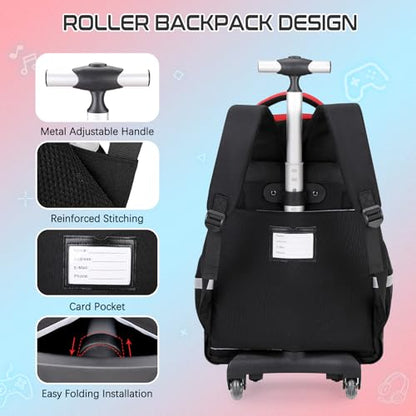 3PCS Gamer Boys Rolling Backpack with Lunch Box & Pencil Pouch (Red Blck) - color: Red Black