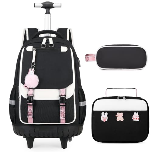 Bevalsa Rolling Backpack for Girls, 3PCS Roller School Backpack Set - color: Black White