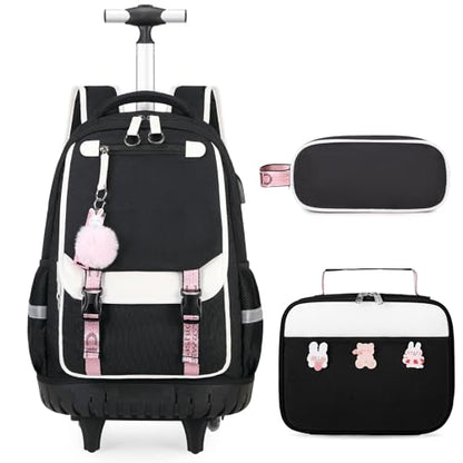 Bevalsa Rolling Backpack for Girls, 3PCS Roller School Backpack Set - color: Black White