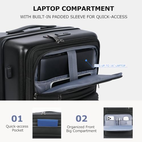 VANKEAN 20 Inch Expandable Hardshell Spinner TSA USB Port Carry-On Approved - color: Black