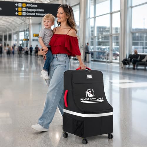 RAINSMORE Padded Car Seat Travel Bag for Airplane with Spinner Wheels - color: Black