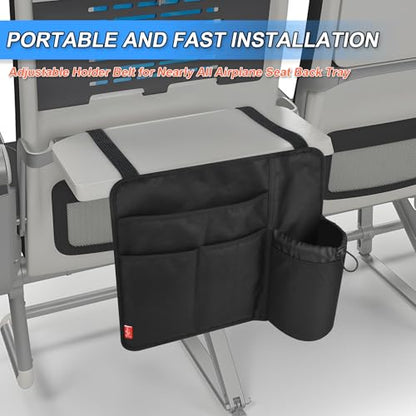 Airplane Seat Back Organizer & Storage, Airplane Tray Table Cover for Personal Items, Airline Seat Hanging Pockets Media Pouch,Reusable Travel Essentials, Fits Tablets, Cell Phone,Water Bottle (Black) - color: Black