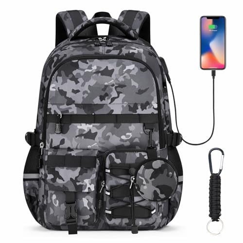 School Backpack for Boys - Camo Boys Backpack for Kids Teens Elementary, Middle & High School Bookbag Daypack with Camouflag Design,18″ Large Capacity with Usb Charging Port & Key-chain - color: Black-backpack Only