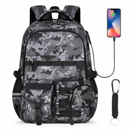 School Backpack for Boys - Camo Boys Backpack for Kids Teens Elementary, Middle & High School Bookbag Daypack with Camouflag Design,18″ Large Capacity with Usb Charging Port & Key-chain - color: Black-backpack Only