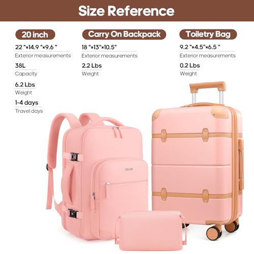 Expandable Carry On Luggage Set, 20In PC Hardside Suitcase with Backpack - color: Pink