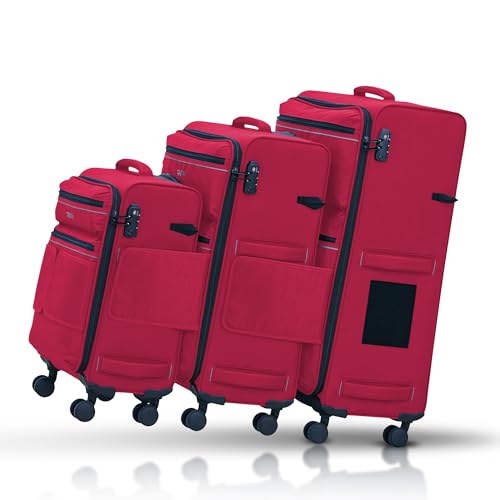 TACH LITE Samba Softside 3 Piece Luggage Set 20/24/28 Inch | Connectable Suitcases with Spinner Wheels | Lightweight Travel Suitcase with Wheels Carry On & Checked Bags | Soft Sided Luggage Set (Red) - color: Red, size: 3-Piece Set