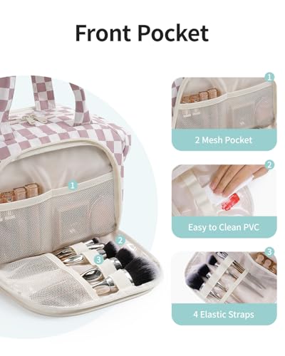 Narwey Travel Toiletry Bag for Women, Large Makeup Cosmetic Organizer Bag - color: Dusty Pink Checkerboard