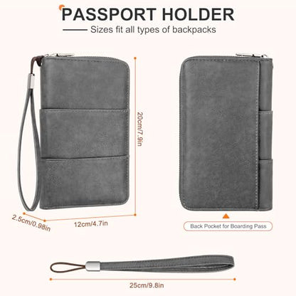 RFID Family Passport Holder Wallet - Travel Document Organizer | PU Leather, with Wristlet, Zipper, Cards, Boarding Pass, ID, Cash, Ticket Pockets,Travel Essentials Gifts for Women Men - color: Grey