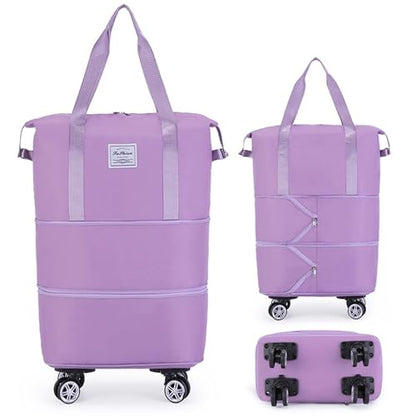 Rolling Duffel Bag with Wheels, Expandable Large Travel Luggage Lightweight & Durable Foldable Carry-On Bag with Removable Wheels for Shopping, Gym, Camping and Trave (Purple) - color: Purple