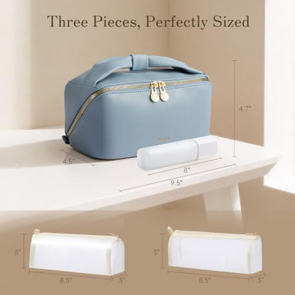 SHOWKOO Cosmetic Bag for Women, WideOpen Travel Makeup Bag with Compartment - color: Dusty Blue