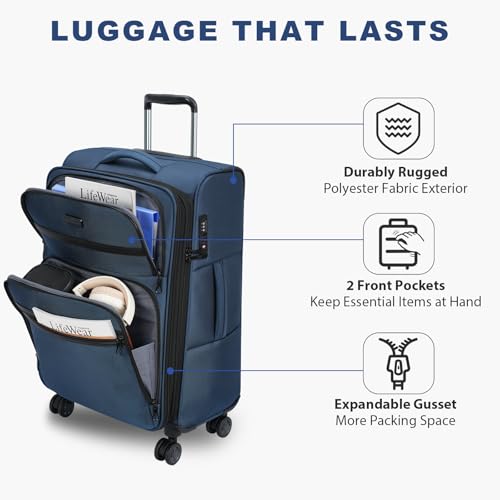 KROSER Softside Expandable checked Luggage with Front Business Pockets，24 Inch Suitcases with Spinner Wheels & Built-in TSA Lock, Durable Suitcase Rolling Luggage, Haze Blue - color: Haze Blue-24, size: 24 inch