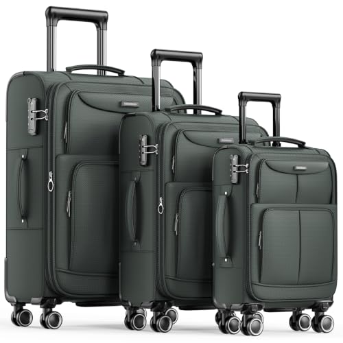 SHOWKOO Luggage Sets 3 Piece Softside Expandable Durable Suitcase Sets - color: Armygreen