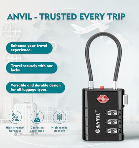 ANVIL TSA Approved Luggage Locks – High Security TSA008 Combination Travel Locks with Inspection Indicator for Suitcases and Backpacks. (2, Black)