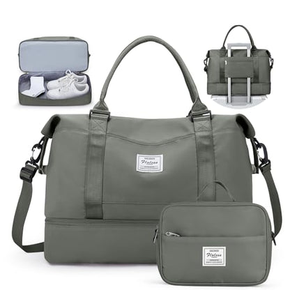 Travel Duffel Bag with Shoes Compartment,Weekender Bags for Women Travel - color: Olive Green, size: Large