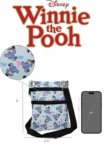 Disney Passport Bag Crossbody Mickey Minnie Eeyore Stitch Cheshire Print - color: Light Blue