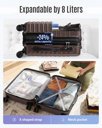 LIGHT FLIGHT Expandable 20" Carry On Luggage 22x14x9, TSA Lock, Brown - color: Brown