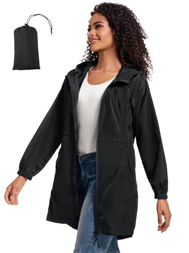 SaphiRose Women's Long Packable Rain Jacket with Hood Waterproof Raincoat - color: Black, size: Large