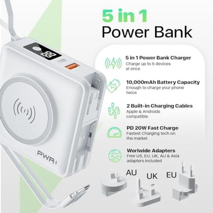 PWRMobile PWR Travel PRO 5-in-1 보조 배터리 - 내장 케이블 포함 10,000mAh - 20W USB-C + 15W 무선 충전 - 아이폰 및 안드로이드용 컴팩트 휴대용 충전기 - 화이트 - color: 화이트.