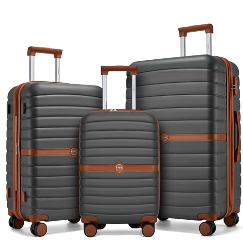 Kono Expandable 3 Piece Luggage Sets with Spinner Wheels, Lightweight PC+ABS Hardside Travel Rolling Suitcases Sets 20in 24in 28in Luggage for Men Women, Grey/Brown - color: Grey/Brown, size: 3 Piece Set (20/24/28)