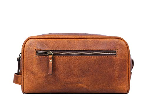 Aaron Leather Goods Leather Toiletry Bag for Men and Women Brown 10.5 Inch (Caramel) - color: Caramel
