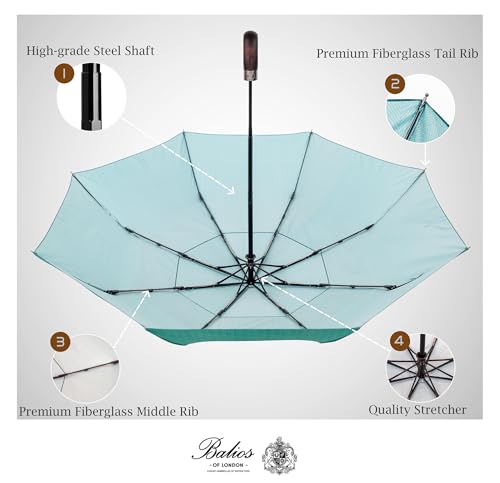 Balios Folding Umbrella Real Wood Handle Auto Open Close - color: Herringbone Jade Green