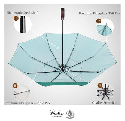 Balios Folding Umbrella Real Wood Handle Auto Open Close - color: Herringbone Jade Green